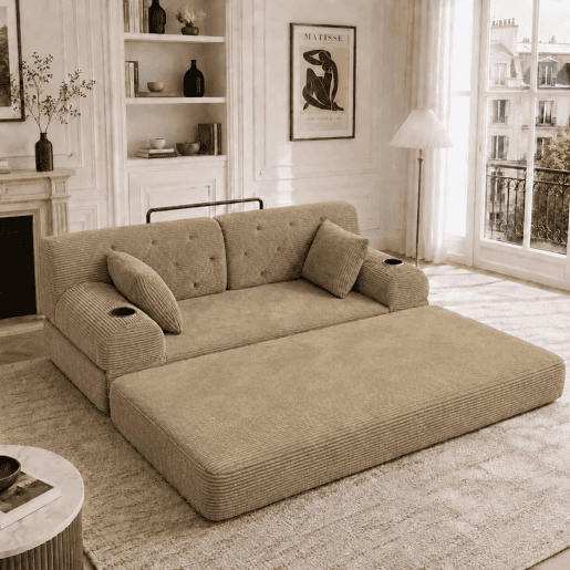 Sofá-cama de 2 lugares - encosto alto, estrutura metálica, espuma de alta densidade, porta-copos e bolsos laterais - Cáqui Sofá-cama de 2 lugares - encosto alto, estrutura metálica, espuma de alta densidade, porta-copos e bolsos laterais - Cáqui