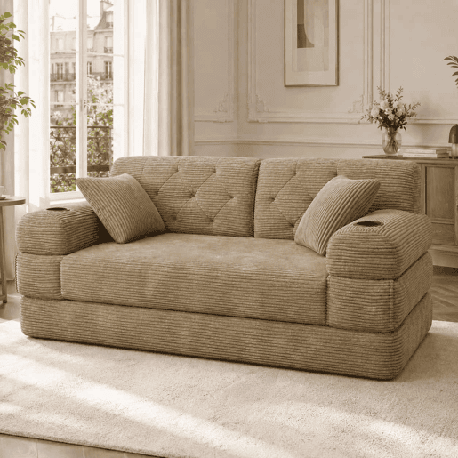 Sofá-cama de 2 lugares - encosto alto, estrutura metálica, espuma de alta densidade, porta-copos e bolsos laterais - Cáqui Sofá-cama de 2 lugares - encosto alto, estrutura metálica, espuma de alta densidade, porta-copos e bolsos laterais - Cáqui