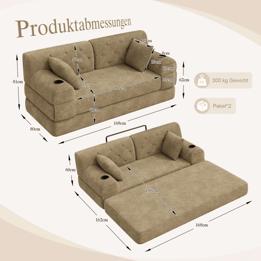 Sofá-cama de 2 lugares - encosto alto, estrutura metálica, espuma de alta densidade, porta-copos e bolsos laterais - Cáqui Sofá-cama de 2 lugares - encosto alto, estrutura metálica, espuma de alta densidade, porta-copos e bolsos laterais - Cáqui