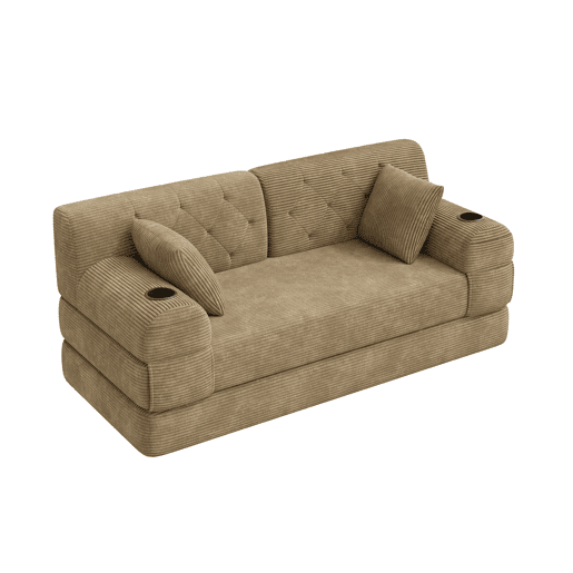 Sofá-cama de 2 lugares - encosto alto, estrutura metálica, espuma de alta densidade, porta-copos e bolsos laterais - Cáqui Sofá-cama de 2 lugares - encosto alto, estrutura metálica, espuma de alta densidade, porta-copos e bolsos laterais - Cáqui