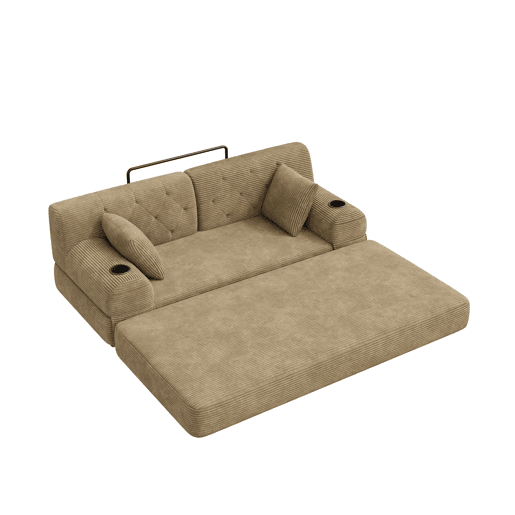 Sofá-cama de 2 lugares - encosto alto, estrutura metálica, espuma de alta densidade, porta-copos e bolsos laterais - Cáqui Sofá-cama de 2 lugares - encosto alto, estrutura metálica, espuma de alta densidade, porta-copos e bolsos laterais - Cáqui