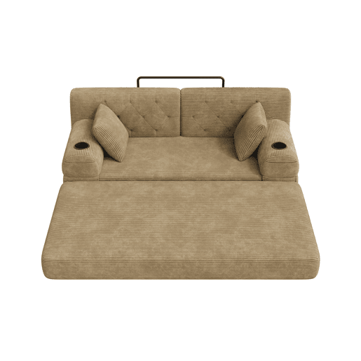 Sofá-cama de 2 lugares - encosto alto, estrutura metálica, espuma de alta densidade, porta-copos e bolsos laterais - Cáqui Sofá-cama de 2 lugares - encosto alto, estrutura metálica, espuma de alta densidade, porta-copos e bolsos laterais - Cáqui