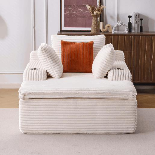 Sofá-cama sem estrutura, 1 lugar u2013 sofá moderno tipo «nube» com chaise longue, sem montagem, com 3 almofadas e manta, confortável para a sala de estar u2013 bege Sofá-cama sem estrutura, 1 lugar u2013 sofá moderno tipo «nube» com chaise longue, sem montagem, com 3 almofadas e manta, confortável para a sala de estar u2013 bege