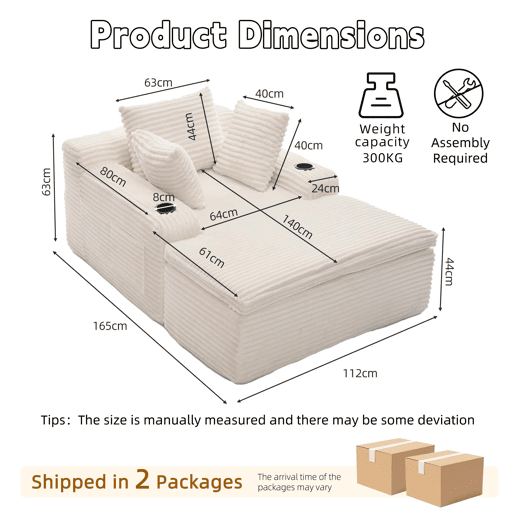 Sofá-cama sem estrutura, 1 lugar u2013 sofá moderno tipo «nube» com chaise longue, sem montagem, com 3 almofadas e manta, confortável para a sala de estar u2013 bege Sofá-cama sem estrutura, 1 lugar u2013 sofá moderno tipo «nube» com chaise longue, sem montagem, com 3 almofadas e manta, confortável para a sala de estar u2013 bege