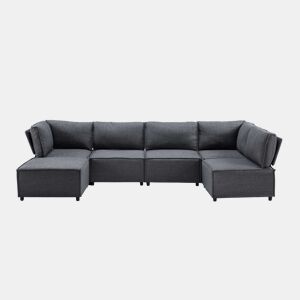 Sofá modular de 4 lugares - design versátil, montagem fácil, estofo em linho - cinzento escuro