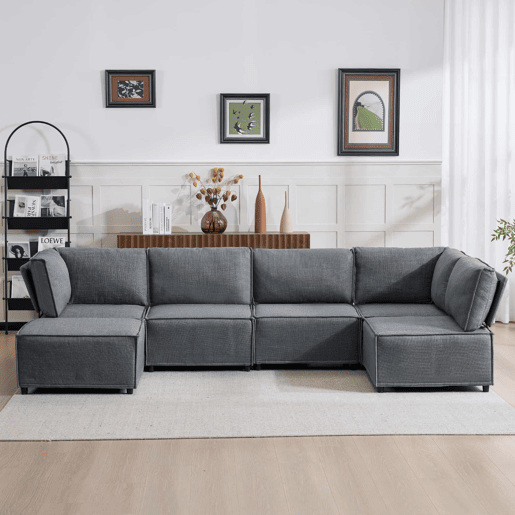 Sofá modular de 4 lugares - design versátil, montagem fácil, estofo em linho - cinzento escuro Sofá modular de 4 lugares - design versátil, montagem fácil, estofo em linho - cinzento escuro