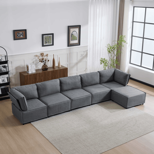 Sofá modular de 4 lugares - design versátil, montagem fácil, estofo em linho - cinzento escuro Sofá modular de 4 lugares - design versátil, montagem fácil, estofo em linho - cinzento escuro