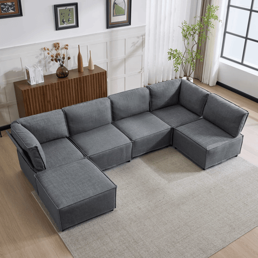 Sofá modular de 4 lugares - design versátil, montagem fácil, estofo em linho - cinzento escuro Sofá modular de 4 lugares - design versátil, montagem fácil, estofo em linho - cinzento escuro