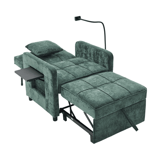 Poltrona-cama individual 2 em 1, 1 lugar u2013 com almofadas, bolsos laterais, mesinha auxiliar e saco de arrumação u2013 verde chenilla Poltrona-cama individual 2 em 1, 1 lugar u2013 com almofadas, bolsos laterais, mesinha auxiliar e saco de arrumação u2013 verde chenilla