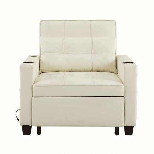 Sofá-cama individual - 3 em 1 com função reclinável, porta-copos e porta USB para espaços pequenos - Branco Sofá-cama individual - 3 em 1 com função reclinável, porta-copos e porta USB para espaços pequenos - Branco