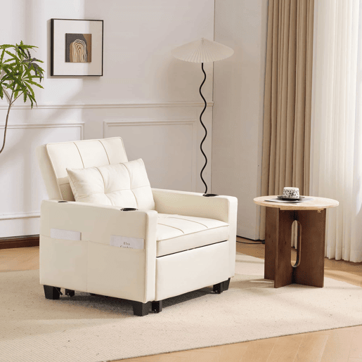Sofá-cama individual - 3 em 1 com função reclinável, porta-copos e porta USB para espaços pequenos - Branco Sofá-cama individual - 3 em 1 com função reclinável, porta-copos e porta USB para espaços pequenos - Branco