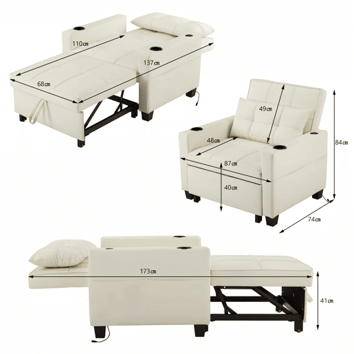 Sofá-cama individual - 3 em 1 com função reclinável, porta-copos e porta USB para espaços pequenos - Branco Sofá-cama individual - 3 em 1 com função reclinável, porta-copos e porta USB para espaços pequenos - Branco
