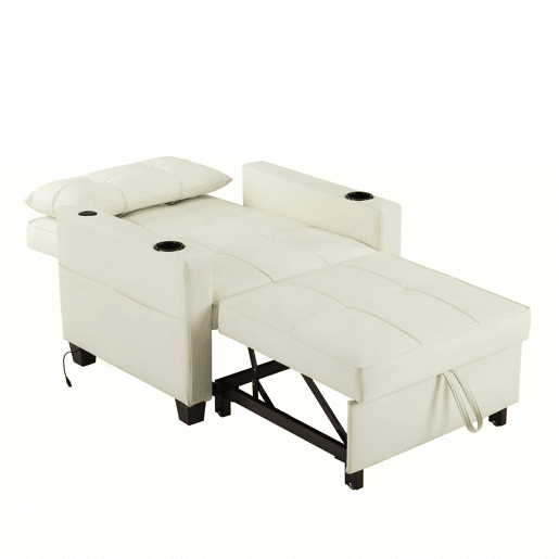 Sofá-cama individual - 3 em 1 com função reclinável, porta-copos e porta USB para espaços pequenos - Branco Sofá-cama individual - 3 em 1 com função reclinável, porta-copos e porta USB para espaços pequenos - Branco