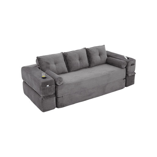 Sofá-cama de 3 lugares em veludo - encosto rebatível, espuma de alta densidade com molas, almofadas Memory, porta-copos e bolsos laterais - Cinza escuro Sofá-cama de 3 lugares em veludo - encosto rebatível, espuma de alta densidade com molas, almofadas Memory, porta-copos e bolsos laterais - Cinza escuro