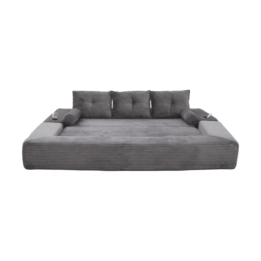 Sofá-cama de 3 lugares em veludo - encosto rebatível, espuma de alta densidade com molas, almofadas Memory, porta-copos e bolsos laterais - Cinza escuro Sofá-cama de 3 lugares em veludo - encosto rebatível, espuma de alta densidade com molas, almofadas Memory, porta-copos e bolsos laterais - Cinza escuro