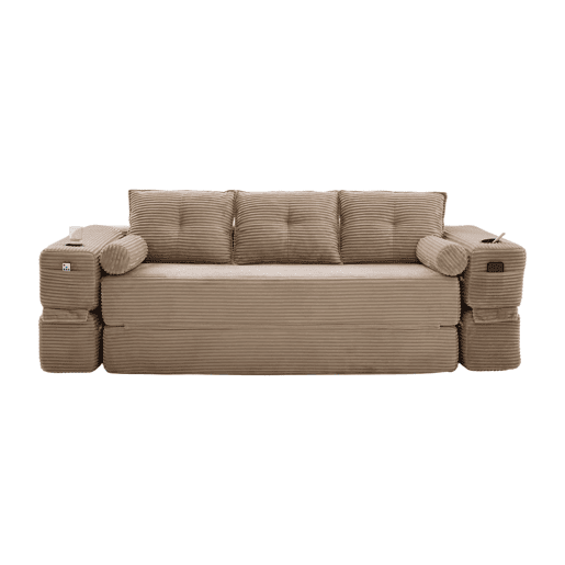 Sofá-cama de 3 lugares em veludo - encosto confortável, espuma de alta densidade, almofadas Memory, porta-copos e bolsos laterais - Cáqui