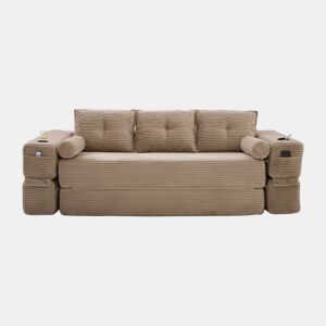 Sofá-cama de 3 lugares em veludo - encosto confortável, espuma de alta densidade, almofadas Memory, porta-copos e bolsos laterais - Cáqui
