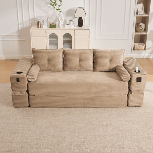 Sofá-cama de 3 lugares em veludo - encosto confortável, espuma de alta densidade, almofadas Memory, porta-copos e bolsos laterais - Cáqui