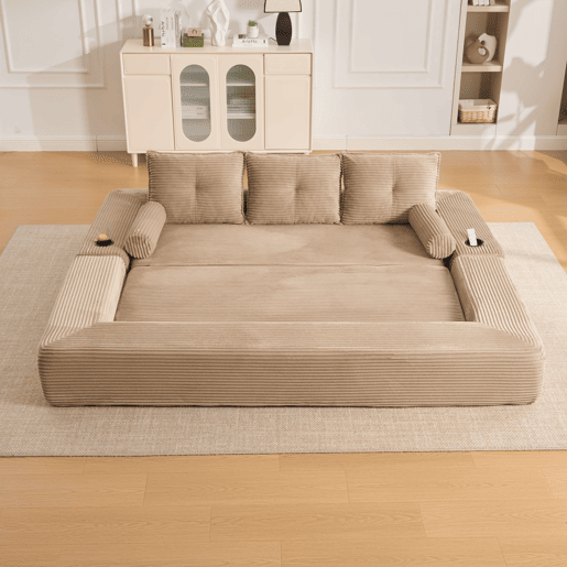 Sofá-cama de 3 lugares em veludo - encosto confortável, espuma de alta densidade, almofadas Memory, porta-copos e bolsos laterais - Cáqui