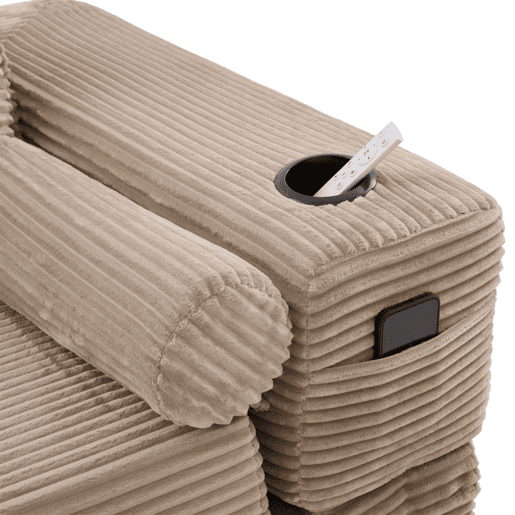 Sofá-cama de 3 lugares em veludo - encosto confortável, espuma de alta densidade, almofadas Memory, porta-copos e bolsos laterais - Cáqui