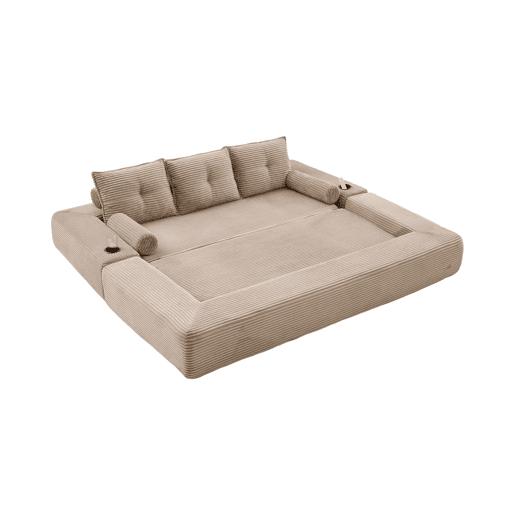 Sofá-cama de 3 lugares em veludo - encosto confortável, espuma de alta densidade, almofadas Memory, porta-copos e bolsos laterais - Cáqui