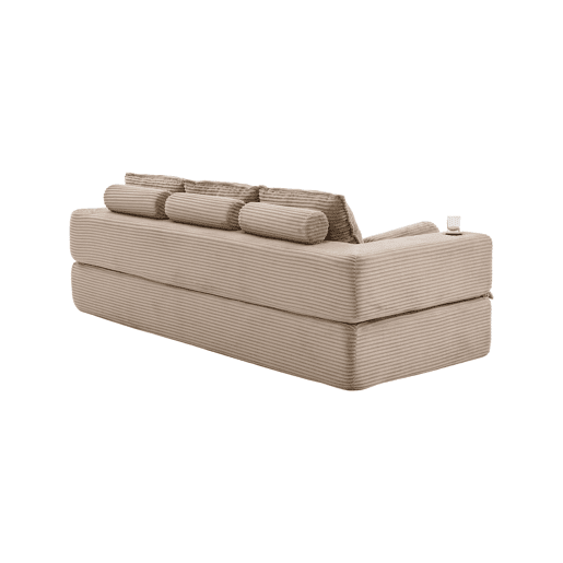Sofá-cama de 3 lugares em veludo - encosto confortável, espuma de alta densidade, almofadas Memory, porta-copos e bolsos laterais - Cáqui