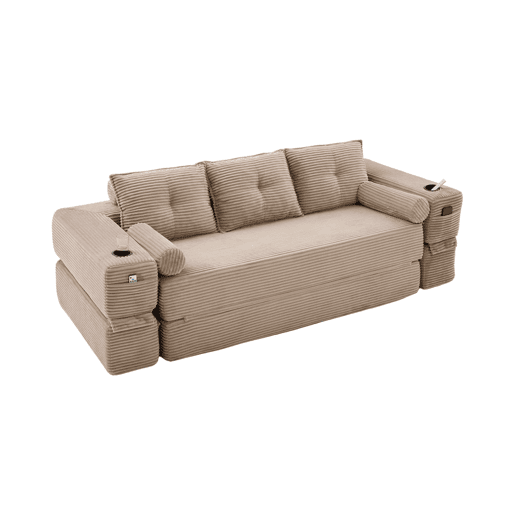 Sofá-cama de 3 lugares em veludo - encosto confortável, espuma de alta densidade, almofadas Memory, porta-copos e bolsos laterais - Cáqui