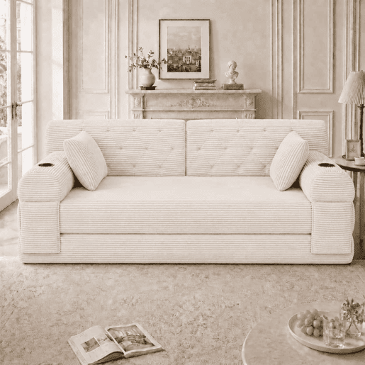 Sofá-cama de 2 lugares - encosto alto, sofá em veludo comprimido com estrutura metálica, espuma de alta densidade, porta-copos e bolsos laterais - Bege