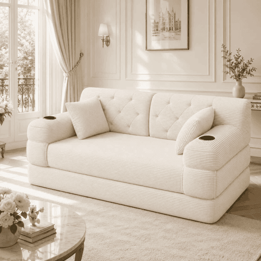 Sofá-cama de 2 lugares - encosto alto, sofá em veludo comprimido com estrutura metálica, espuma de alta densidade, porta-copos e bolsos laterais - Bege