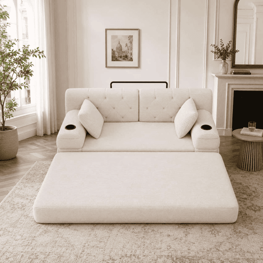 Sofá-cama de 2 lugares - encosto alto, sofá em veludo comprimido com estrutura metálica, espuma de alta densidade, porta-copos e bolsos laterais - Bege