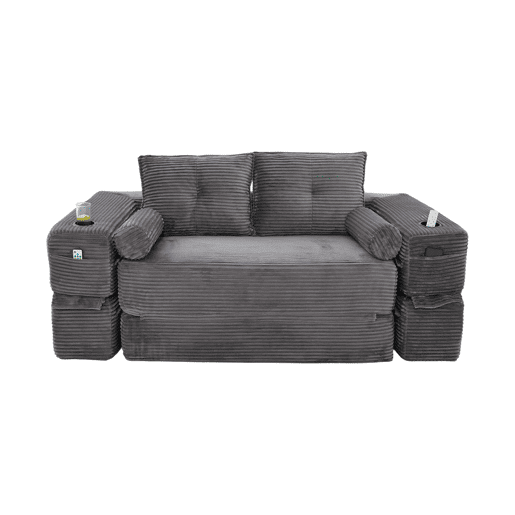 Sofá-cama de 2 lugares - estofo em veludo cotelê, almofadas viscoelásticas, porta-copos e bolsos laterais, montagem rápida - cinzento escuro