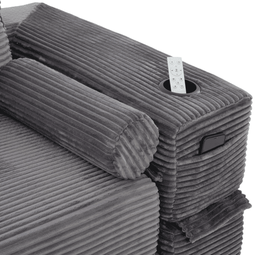 Sofá-cama de 2 lugares - estofo em veludo cotelê, almofadas viscoelásticas, porta-copos e bolsos laterais, montagem rápida - cinzento escuro