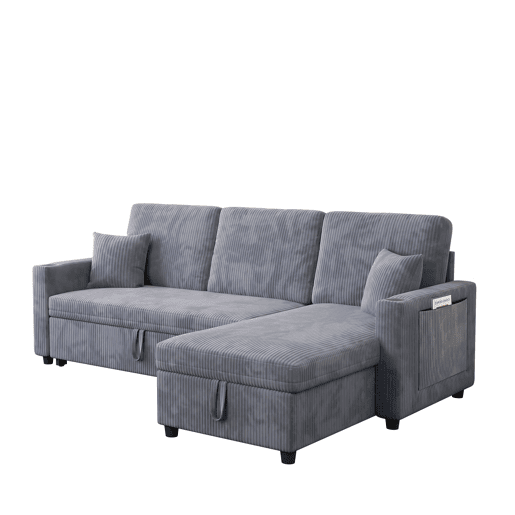 Sofá-cama de canto L de 3 lugares - modular, com arrumação e chaise longue - cinzento Sofá-cama de canto L de 3 lugares - modular, com arrumação e chaise longue - cinzento