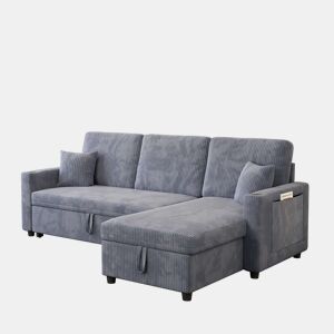 Sofá-cama de canto L de 3 lugares - modular, com arrumação e chaise longue - cinzento