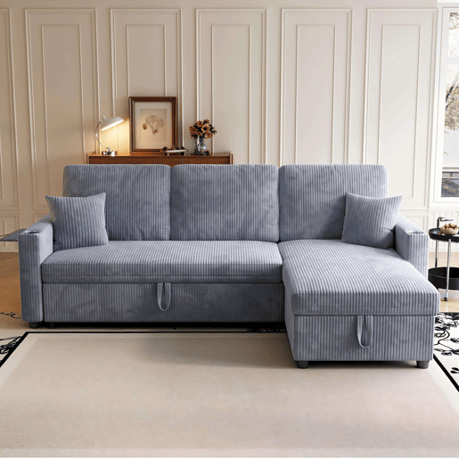 Sofá-cama de canto L de 3 lugares - modular, com arrumação e chaise longue - cinzento Sofá-cama de canto L de 3 lugares - modular, com arrumação e chaise longue - cinzento