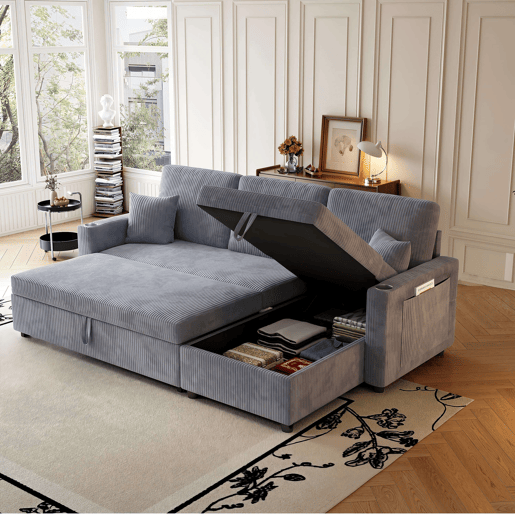 Sofá-cama de canto L de 3 lugares - modular, com arrumação e chaise longue - cinzento Sofá-cama de canto L de 3 lugares - modular, com arrumação e chaise longue - cinzento