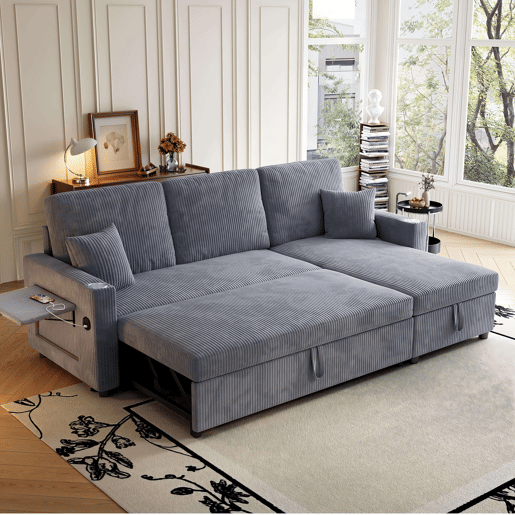 Sofá-cama de canto L de 3 lugares - modular, com arrumação e chaise longue - cinzento Sofá-cama de canto L de 3 lugares - modular, com arrumação e chaise longue - cinzento