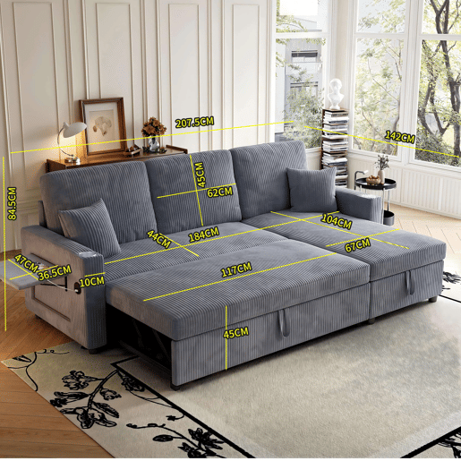Sofá-cama de canto L de 3 lugares - modular, com arrumação e chaise longue - cinzento Sofá-cama de canto L de 3 lugares - modular, com arrumação e chaise longue - cinzento