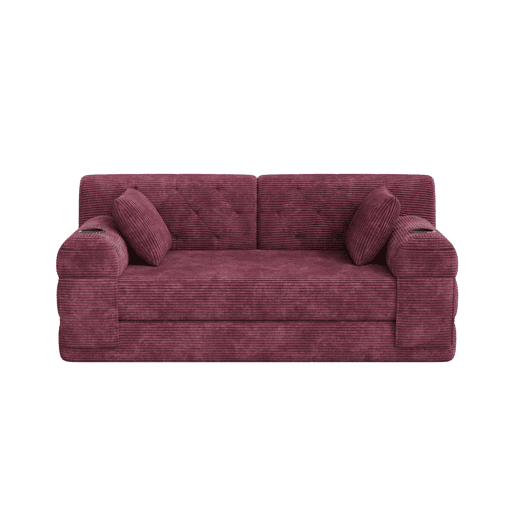 Sofá-cama de 2 lugares - encosto alto, estrutura metálica, espuma de alta densidade, porta-copos e bolsos laterais - Vermelho vinho