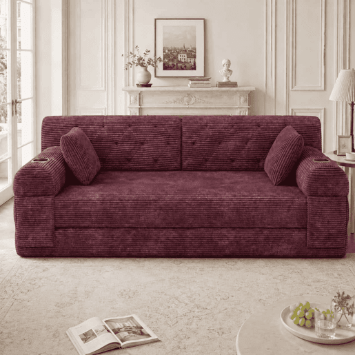 Sofá-cama de 2 lugares - encosto alto, estrutura metálica, espuma de alta densidade, porta-copos e bolsos laterais - Vermelho vinho