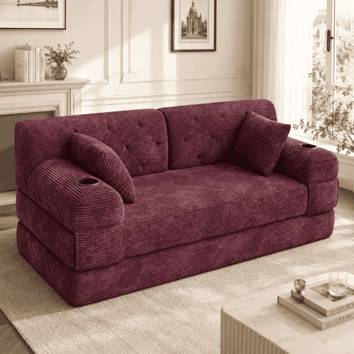 Sofá-cama de 2 lugares - encosto alto, estrutura metálica, espuma de alta densidade, porta-copos e bolsos laterais - Vermelho vinho