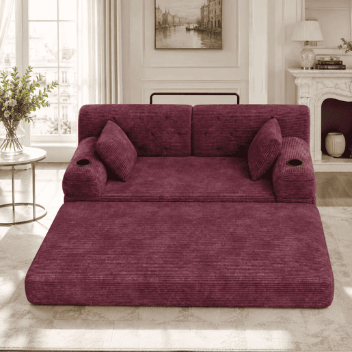 Sofá-cama de 2 lugares - encosto alto, estrutura metálica, espuma de alta densidade, porta-copos e bolsos laterais - Vermelho vinho