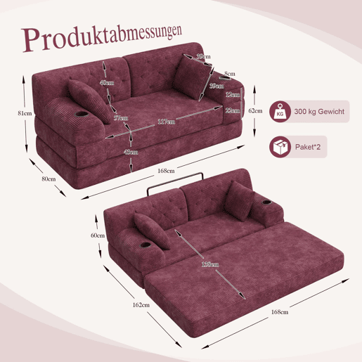 Sofá-cama de 2 lugares - encosto alto, estrutura metálica, espuma de alta densidade, porta-copos e bolsos laterais - Vermelho vinho