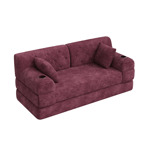 Sofá-cama de 2 lugares - encosto alto, estrutura metálica, espuma de alta densidade, porta-copos e bolsos laterais - Vermelho vinho