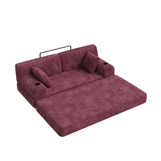 Sofá-cama de 2 lugares - encosto alto, estrutura metálica, espuma de alta densidade, porta-copos e bolsos laterais - Vermelho vinho