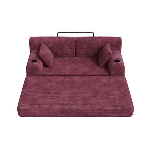 Sofá-cama de 2 lugares - encosto alto, estrutura metálica, espuma de alta densidade, porta-copos e bolsos laterais - Vermelho vinho