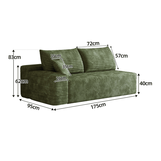 Sofá modular de 175 cm, 2 lugares u2013 estofado em tecido, design seccional com chaise à esquerda u2013 Verde