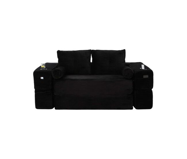 Sofá cama 2 plazas de pana - cojines memory, portavasos, bolsillos laterales, espuma de alta densidad, fácil montaje - negro