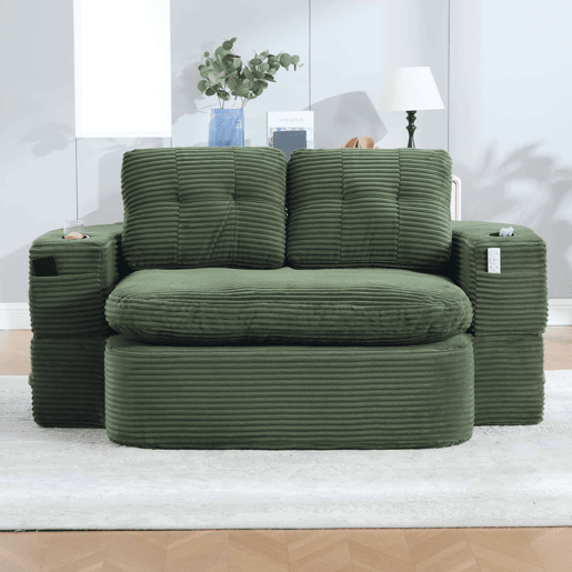 Sofá-cama de casal para 2 pessoas u2013 em veludo, conversível 2 em 1, função reclinável, braços ajustáveis, porta-copos e encosto alto u2013 Verde esmeralda Sofá-cama de casal para 2 pessoas u2013 em veludo, conversível 2 em 1, função reclinável, braços ajustáveis, porta-copos e encosto alto u2013 Verde esmeralda