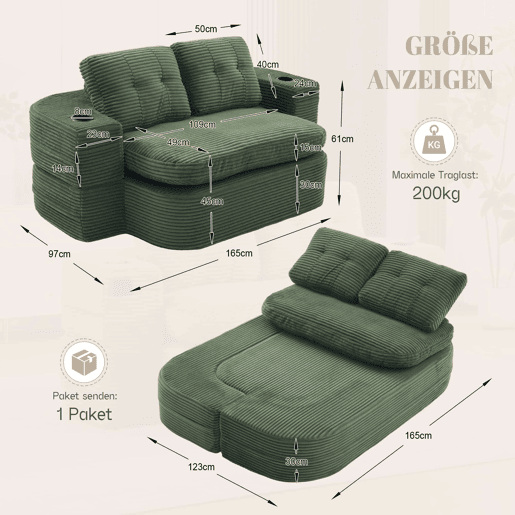 Sofá-cama de casal para 2 pessoas u2013 em veludo, conversível 2 em 1, função reclinável, braços ajustáveis, porta-copos e encosto alto u2013 Verde esmeralda Sofá-cama de casal para 2 pessoas u2013 em veludo, conversível 2 em 1, função reclinável, braços ajustáveis, porta-copos e encosto alto u2013 Verde esmeralda